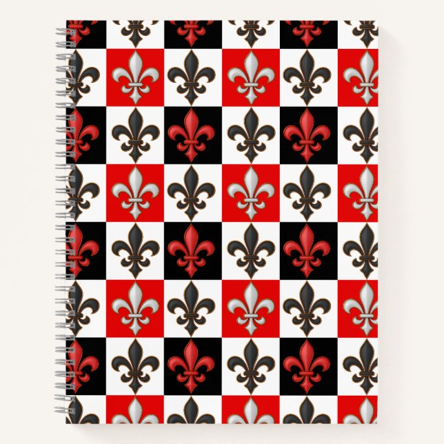 Red Schwarz-weiß Checkered Fleur-de-lis-Design Notizbuch (Vorderseite)