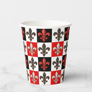 Red Schwarz-weiß Checkered Fleur-de-lis-Design Pappbecher