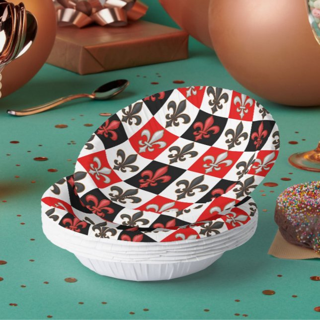 Red Schwarz-weiß Checkered Fleur-de-lis-Design Pappteller (Von Creator hochgeladen)