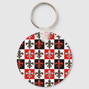 Red Schwarz-weiß Checkered Fleur-de-lis-Design Schlüsselanhänger