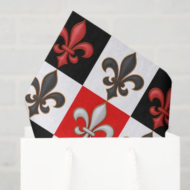 Red Schwarz-weiß Checkered Fleur-de-lis-Design Seidenpapier (Von Creator hochgeladen)