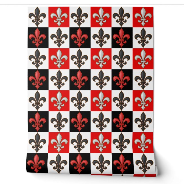 Red Schwarz-weiß Checkered Fleur-de-lis-Design Tapete (Abrollen)
