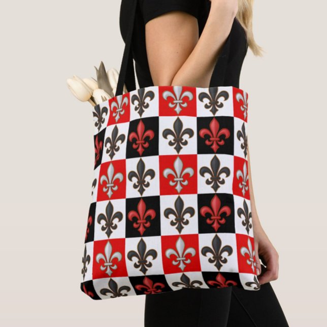 Red Schwarz-weiß Checkered Fleur-de-lis-Design Tasche (Von Creator hochgeladen)