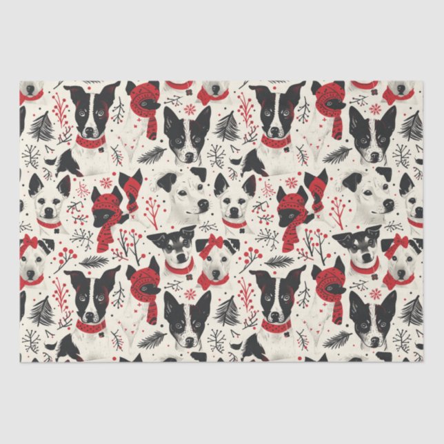 Red Schwarz-weiß Christmas Dogs Theme Pattern Seidenpapier (Vorderseite)