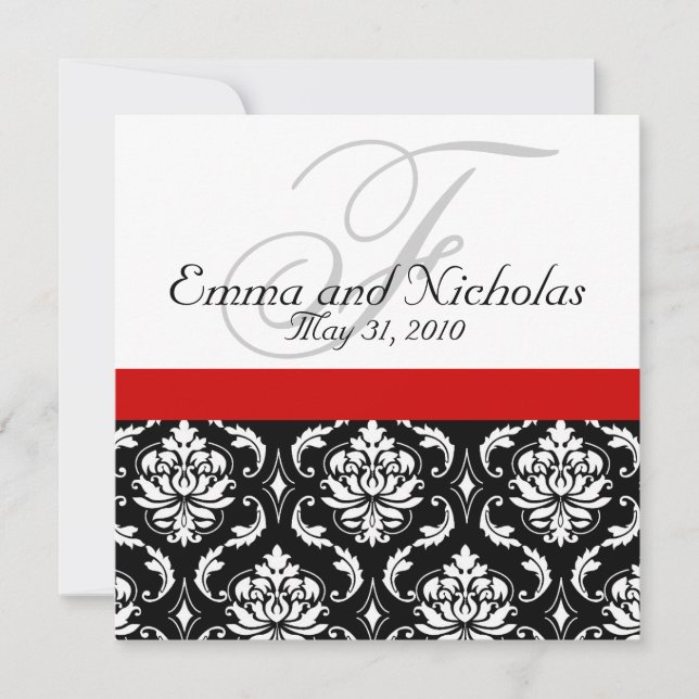 Red Schwarz-weiß Damask Hochzeitseinladung Einladung (Vorderseite)