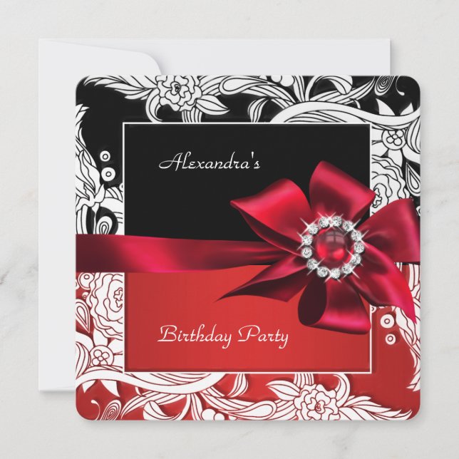 Red Schwarz-weiß Floral Birthday Party Einladung (Vorderseite)