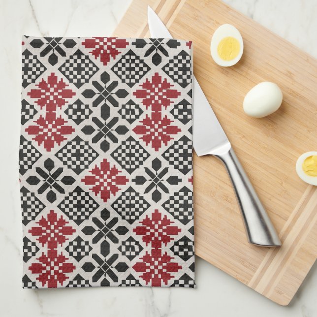 Red Schwarz-weiß Geometric Folk Pattern Geschirrtuch (Viertel Falte)