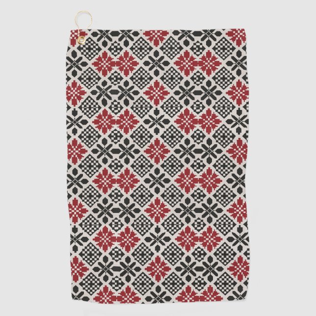 Red Schwarz-weiß Geometric Folk Pattern Golfhandtuch (Vorderseite)