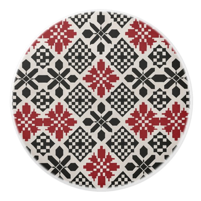 Red Schwarz-weiß Geometric Folk Pattern Keramikknauf (Vorderseite)