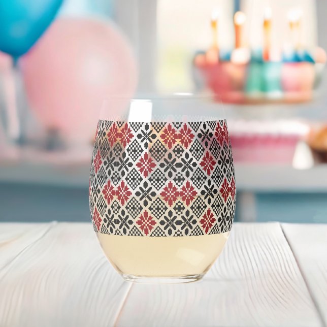 Red Schwarz-weiß Geometric Folk Pattern Weinglas Ohne Stiel (Insitu (Baby Party))