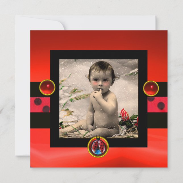 RED SCHWARZ-WEISS LADYBUG Monogramm Foto-Vorlage Einladung (Vorderseite)
