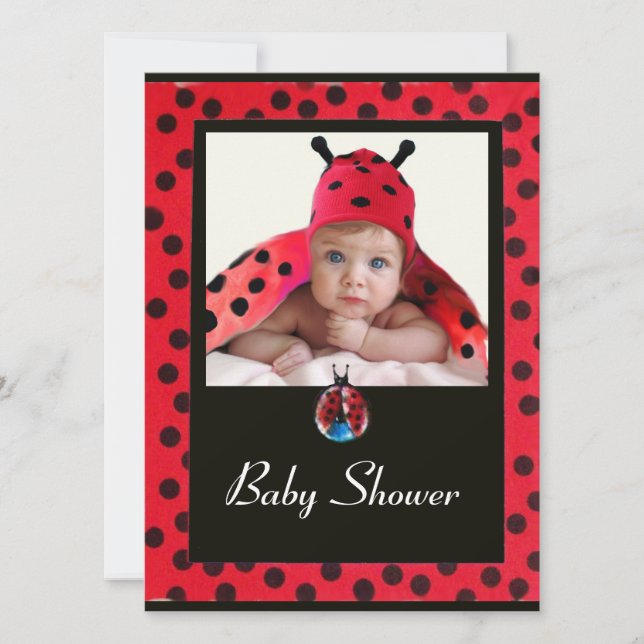 RED SCHWARZ-WEISS LADYBUG Monogramm Foto-Vorlage Einladung (Vorderseite)