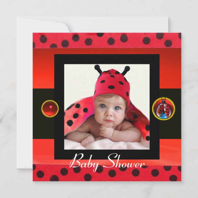 RED SCHWARZ-WEISS LADYBUG Monogramm Foto-Vorlage Einladung (Vorderseite)