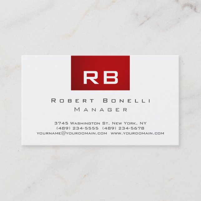 Red Schwarz-weiß Monogram Manager Business Card Visitenkarte (Vorderseite)