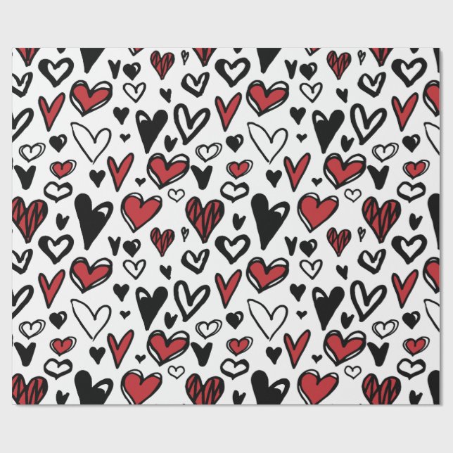 Red Schwarz-weiß Pattern Hearts Geschenkpapier (Flach)