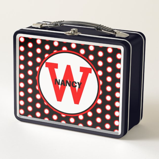 Red Schwarz-weiß Polka Dots NAME Metall Brotdose (Vorderseite)
