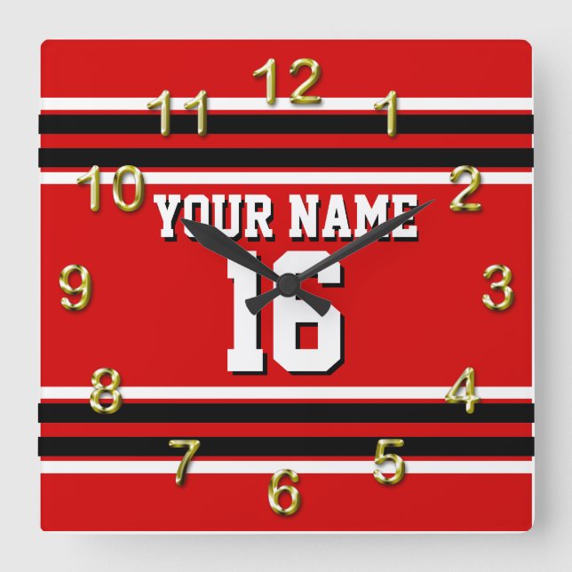 Red Schwarz-weiß Team Jersey Name Quadratische Wanduhr (Vorderseite)