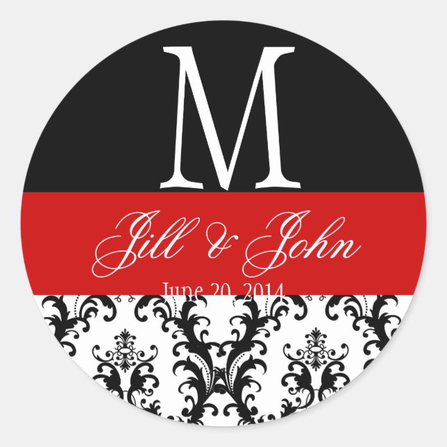 Red Schwarz-weiß Wedding Monogram Date Damask Sieg Runder Aufkleber (Vorderseite)