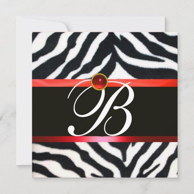 RED SCHWARZ-WEISS ZEBRA FUR MONOGRAMM, Ruby Gemsto Einladung (Vorderseite)