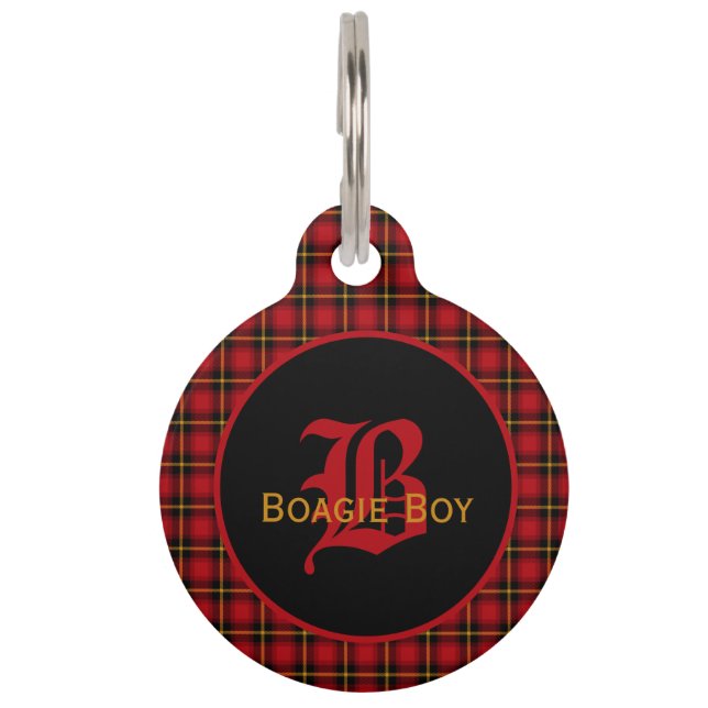 Red Scott Kariert Mit Monogramm Large Haustiermarke (Vorderseite)
