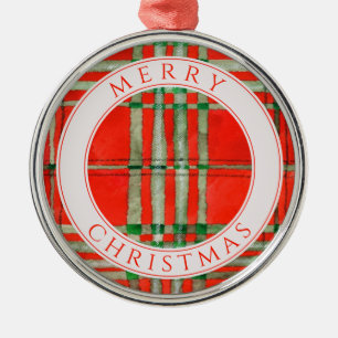 RED SCOTT TARTAN Premium Runder Ornament + Text Aus Metall