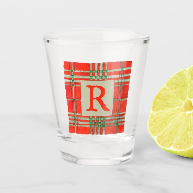 RED SCOTT TARTAN Shot Glass + Initial Schnapsglas (Vorderseite)