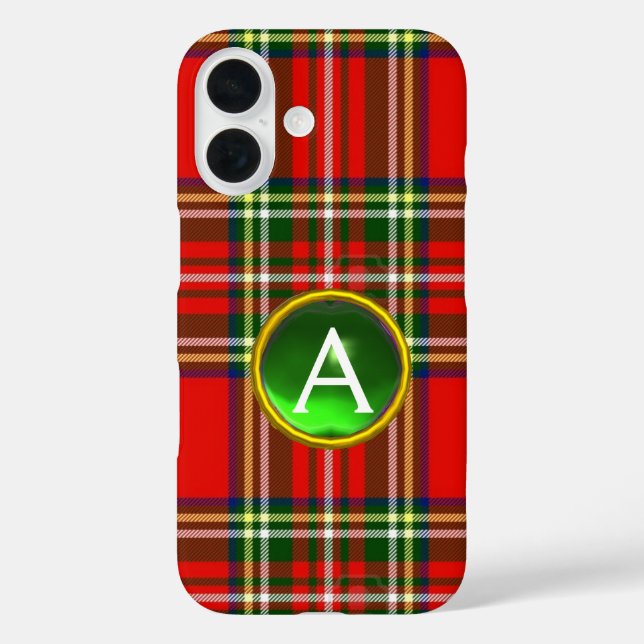 RED SCOTTISH TARTAN UND GREEN GEMSTONE MONOGRAMM iPhone 16 HÜLLE (Rückseite)