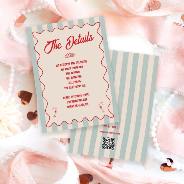 Red Script Blue Line QR Code Retro Wedding Details Begleitkarte (Von Creator hochgeladen)