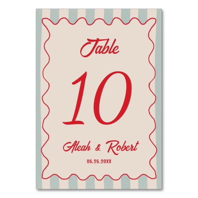 Red Script Blue Line Retro Wedding Table Number Tischnummer (Vorderseite)