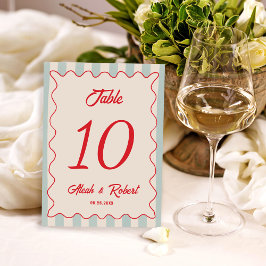 Red Script Blue Line Retro Wedding Table Number Tischnummer