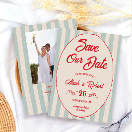 Red Script Blue Stripe Vintage Retro Save the Date Einladung