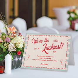 Red Script Blue Stripes Retro Wedding Dankeskarte