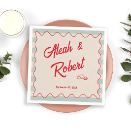 Red Script Blue Stripes Retro Wedding Serviette