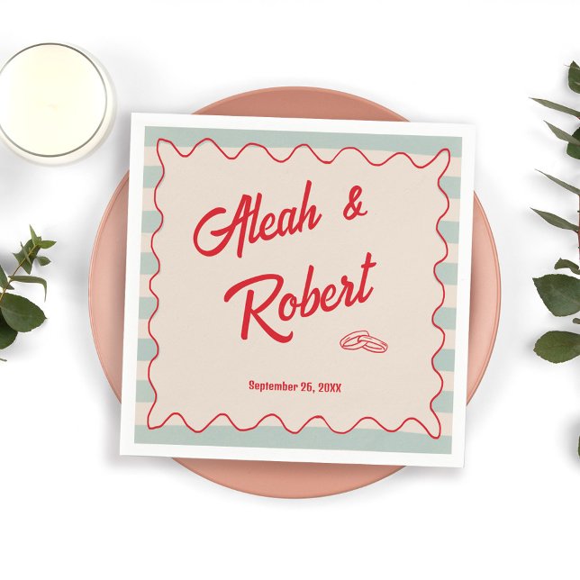 Red Script Blue Stripes Retro Wedding Serviette (Von Creator hochgeladen)