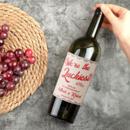 Red Script Blue Stripes Retro Wedding Weinetikett