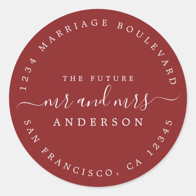 Red Script Future Mr Mrs Return Address Runder Aufkleber (Vorderseite)