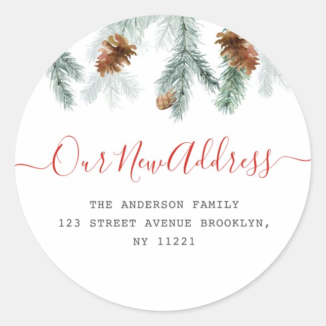 Red script holiday moving announcement runder aufkleber (Vorderseite)
