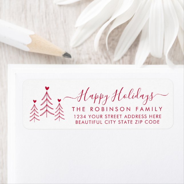 Red Script Pine Christmas Return Address Label (Insitu)
