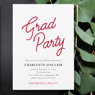 Red Script Simple Budget Grad Party Einladung