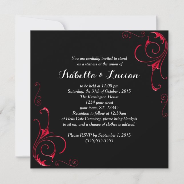 Red Scroll Moderne Goth Wedding Einladungen (Vorderseite)