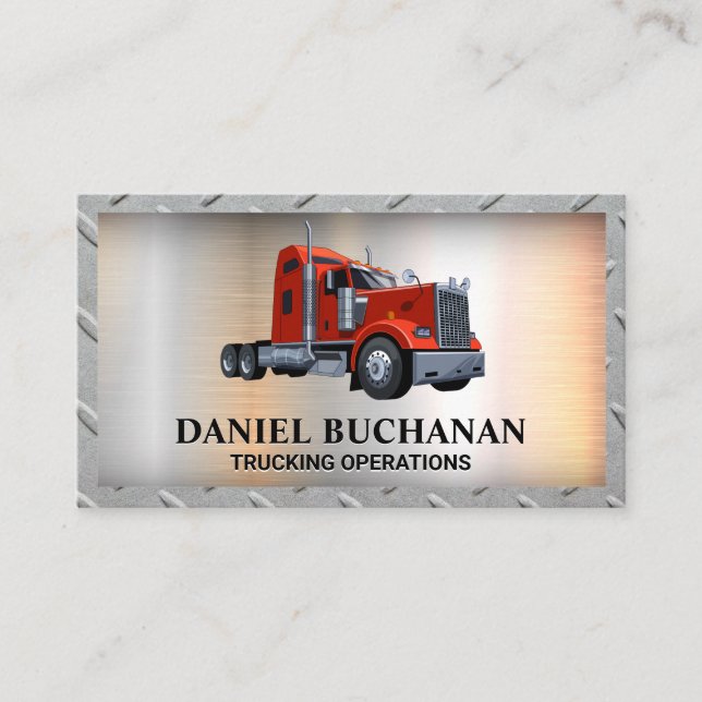 Red Semi Truck | Metal Background Business Card Visitenkarte (Vorderseite)
