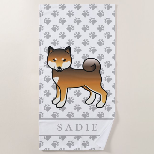 Red Sesame Shiba Inu Cartoon Dog & Name Strandtuch (Vorderseite)