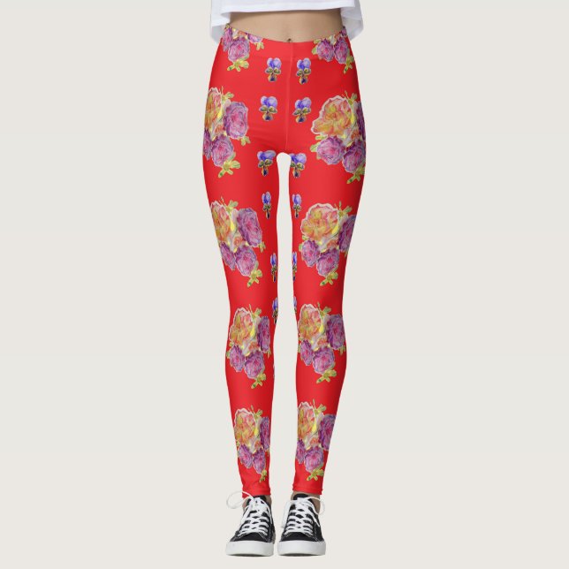 Red Shabby Chic Rose Rose motif floral Leggings (Devant)