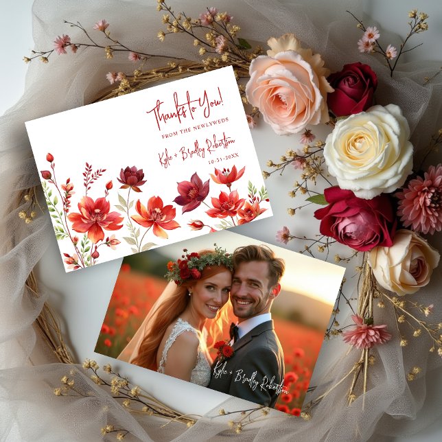 Red Shades Romantic Floral Wedding Back Photo Dankeskarte (Red Shades Romantic Spring Floral Wedding Thank You Cards with Back Photo.)
