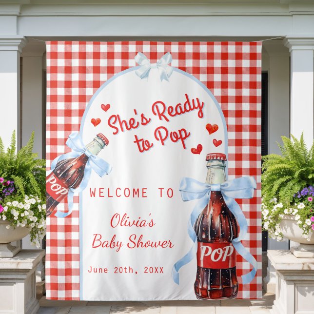 Red She's Ready to Pop Baby Shower Backdrop Wandteppich (Red & Blue She's Ready to pop baby shower decoration backdrop)