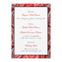 Red Shimmer Satin White Lace Paisley Menü Card