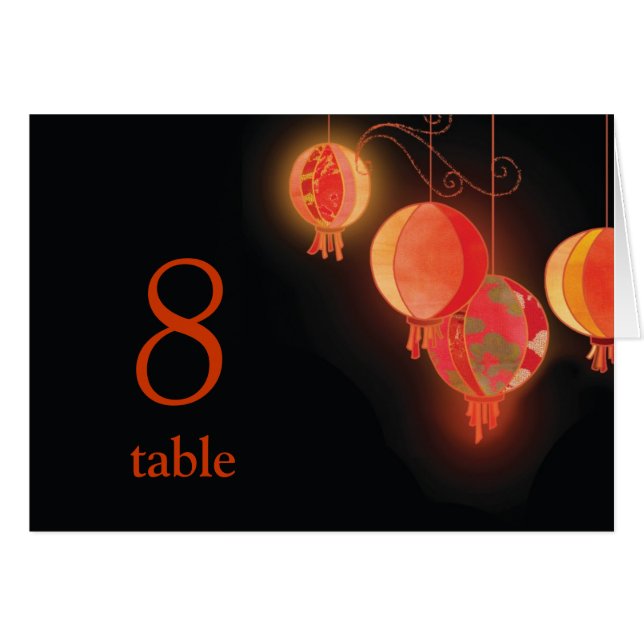 Red Shimmering Lanterns Wedding Tischnummer Card (Vorderseite (Horizontal))