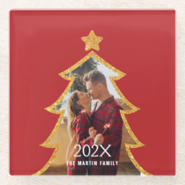 Red Shiny Christmas Tree Personalized Photo Glasuntersetzer