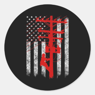 Red Silhouette American Flag Lineman Electrician Runder Aufkleber