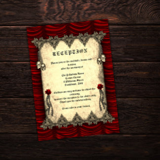 Red Silk and Skulls Gold Gothic Hochzeitsempfang Begleitkarte